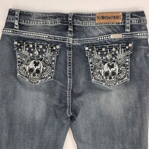 Platinum Plus Y2K Biker Jeans‎ Rhinestones & Skull with Wings Size 15 36" X  31"